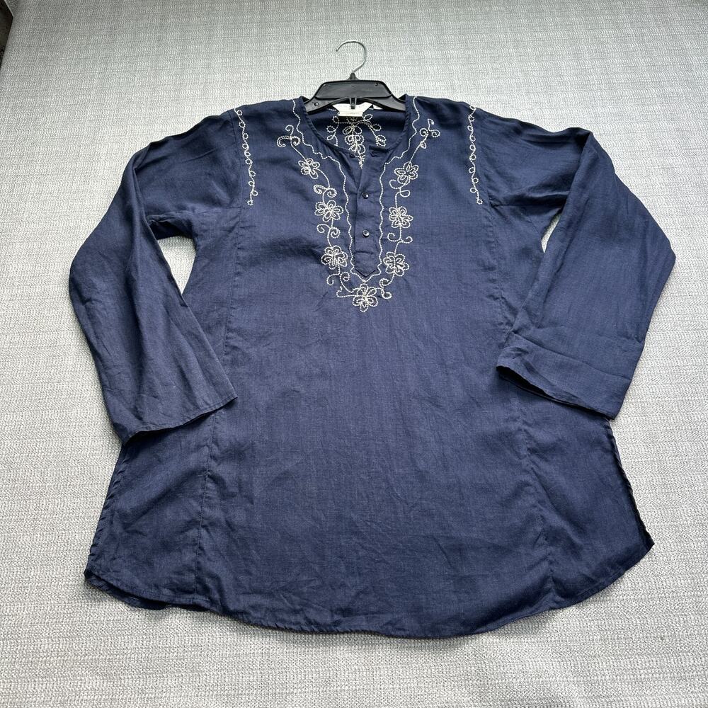 Embroidered Navy Long-Sleeve Tunic Blouse
